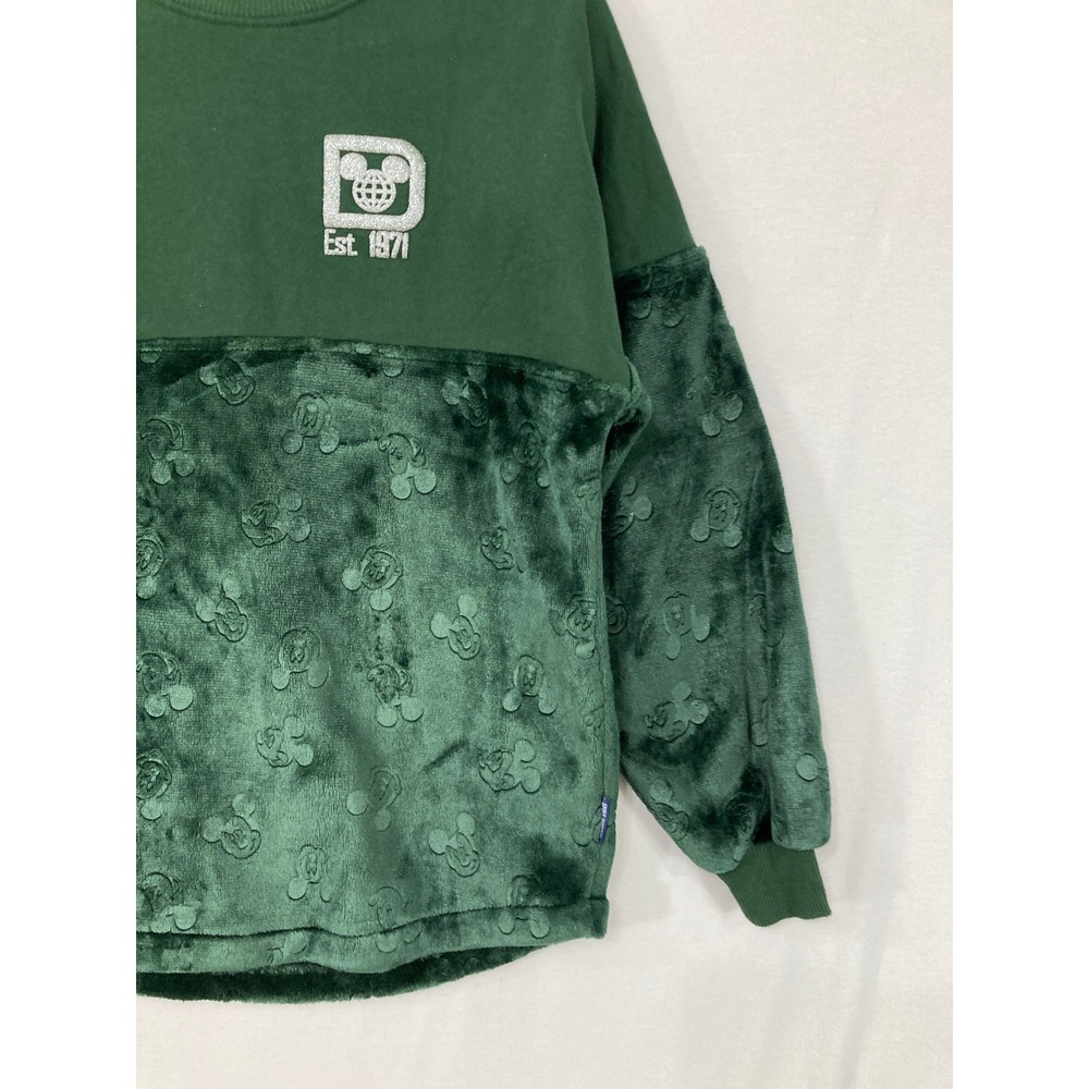 Disney Spirit Jersey Adults XS Green Mickey Mouse Faux Fur Mixed Media Pullover - Picture 2 of 8